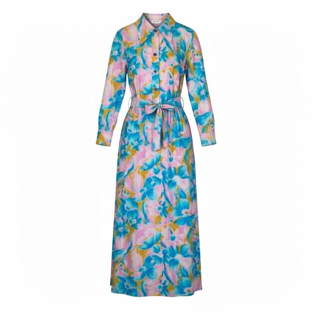 Vintage Maxi Dress Neon Point Collar Kaftan